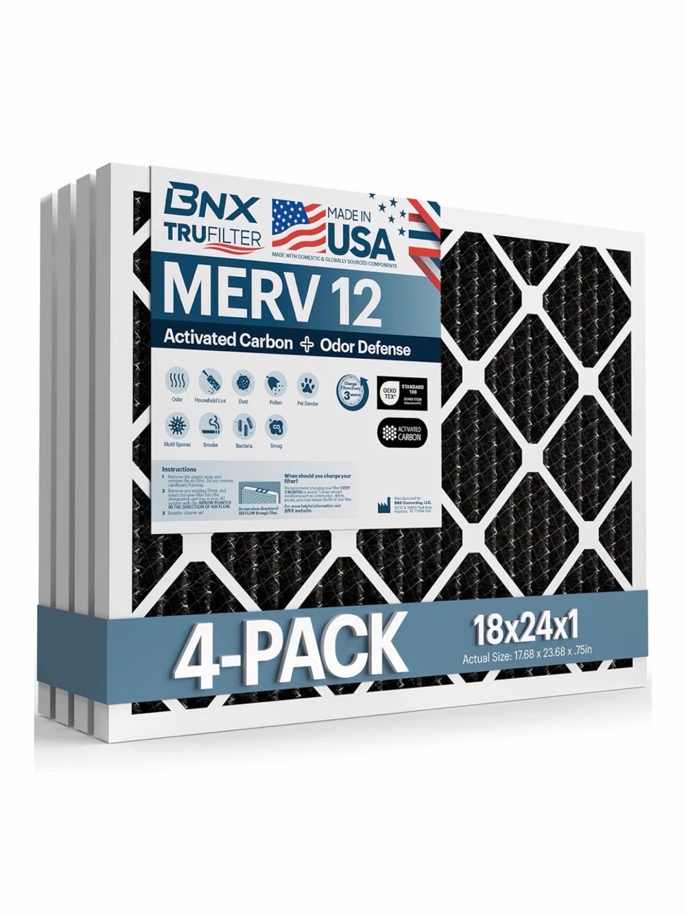 BNX TruFilter MERV 12 Activated Carbon Air Filter - Black (4-Pack)